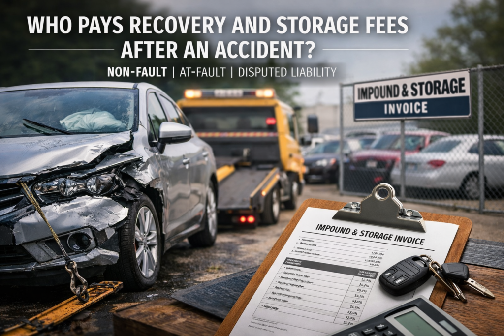 Who Pays Recovery and Storage Fees After an Accident? (Non-Fault vs Fault) 1 Post accident towing and storage fees explained
